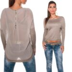 Pull court col rond ZIP dans le dos ANGIE couleur taupe