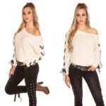 Pull femme fashion col rond large HALIMA couleur beige