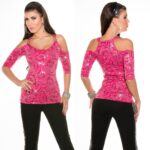 Top femme sexy paillettes épaules nues couleur fushia