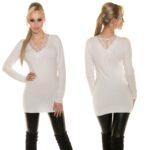 Pull long femme glamour strass et dentelle NATA couleur blanc