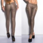 Pantalon enduit fashion avec Zips dorées AMY couleur cappuccino