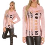 Pull ajourée col roulé sexy et fashion ANGELINA couleur saumon
