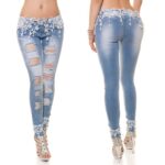 Jeans fashion femme avec dentelle blanche NADEGE couleur bleu