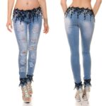 Jeans fashion femme avec dentelle noire NADEGE couleur bleu