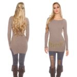 Pull col rond femme chic avec ceinture ELIA couleur cappuccino