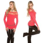 Pull col large brodé femme sexy ROMANE couleur corail