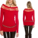 Pull col large brodé femme sexy ROMANE couleur rouge