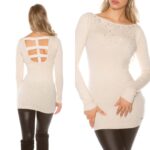 Pull long dos sexy avec strass JULIE couleur beige