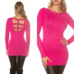 Pull long dos sexy avec strass JULIE couleur fushia