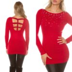 Pull long dos sexy avec strass JULIE couleur rouge