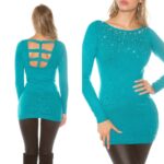 Pull long dos sexy avec strass JULIE couleur saphir