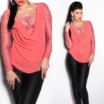 T shirt sexy KouCla avec de la dentelle couleur corail