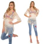 Top d'été femme tendance en crochet et franges JADE couleur beige