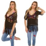 Top d'été femme tendance en crochet et franges JADE couleur noir
