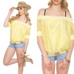 Top large col en mailles filet sexy ANISSA couleur jaune