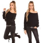 Pull femme fashion col rond large HALIMA couleur noir
