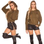 Pull tout doux à capuche femme fashion INES couleur kaki