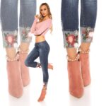 Jean slim tendance avec broderie de fleurs EVA couleur bleu